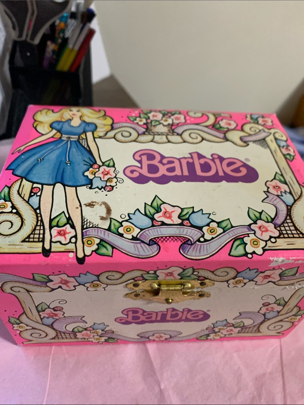 Vintage 1976 Barbie Pink, Blue and Cream Floral Jewelry Box
